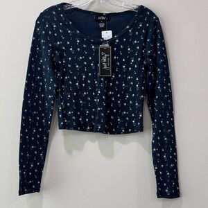 Just Polly Navy Blue Floral Crop Top Henley Long Sleeve Shirt